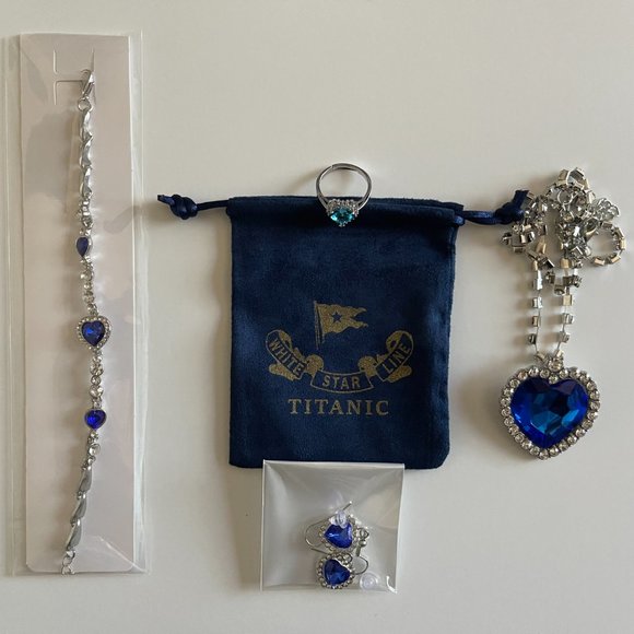 Titanic Jewelry Set - Heart of the Ocean Necklace, Bracelet, Earrings, Ring, and - Picture 2 of 8